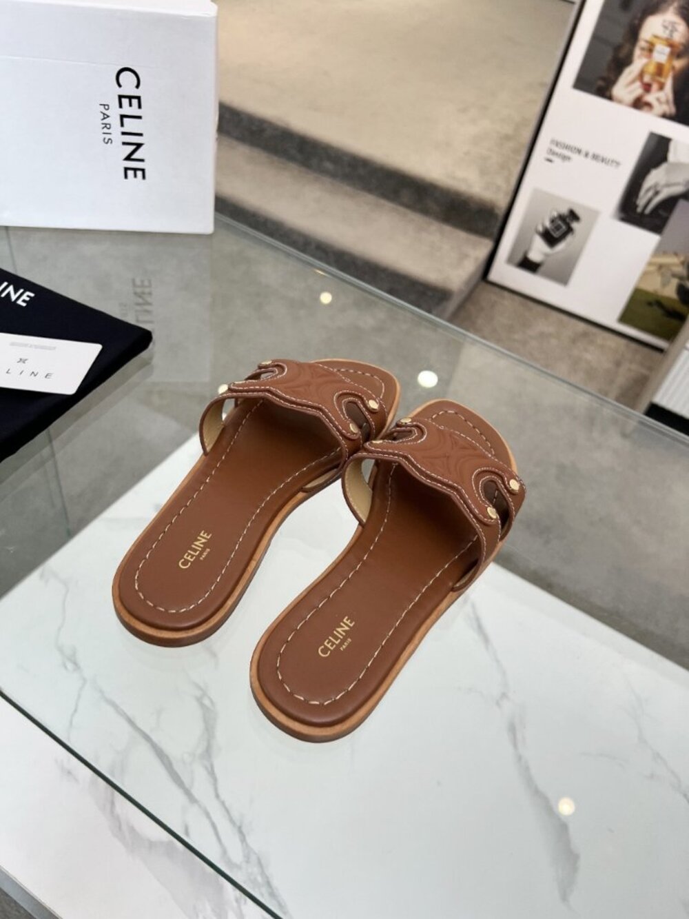 Celine Tan Leather Triomphe Flat Slide Sandals - Picture 4 of 6